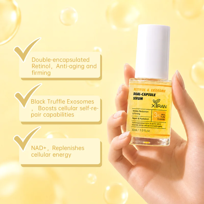 Close-up of a hand holding dual-capsule serum bottle with retinol, black truffle exosomes, and NAD+ benefits, on a yellow background.